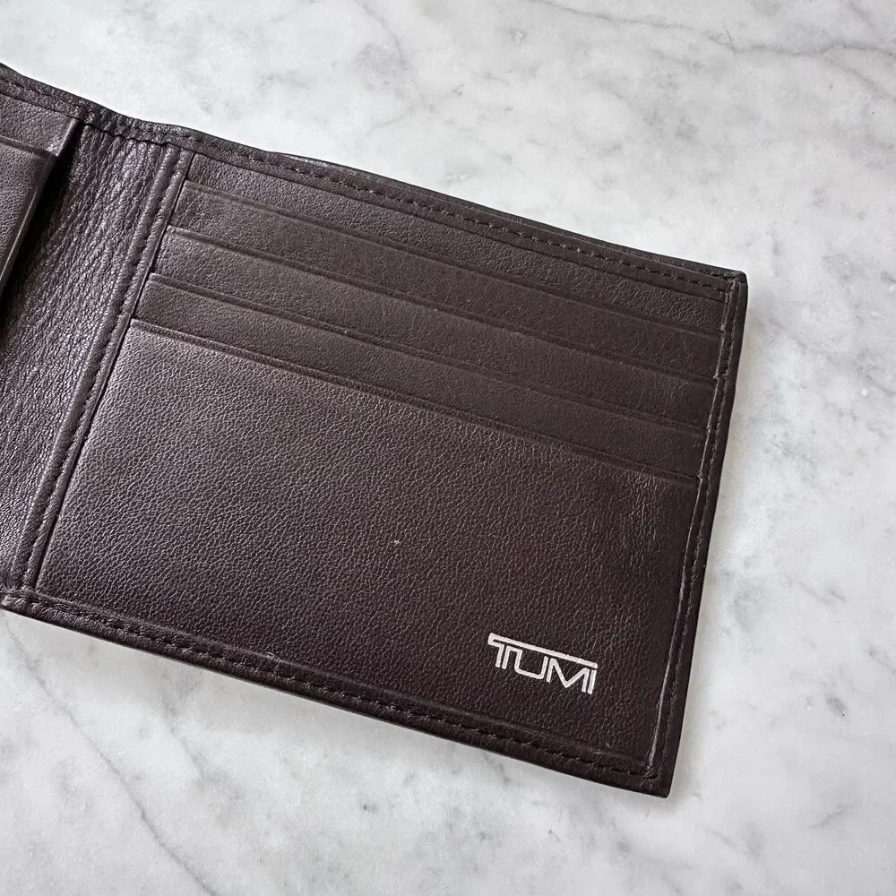 Tumi Dark Brown Leather Bi-Fold Men’s Wallet with Removable ID Card Sleeve